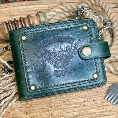 Handmade Green Leather Biker Wallet, Skull Engraved, Rocker Style, Brass Rivets, Gothic Gift for Men — photo 1