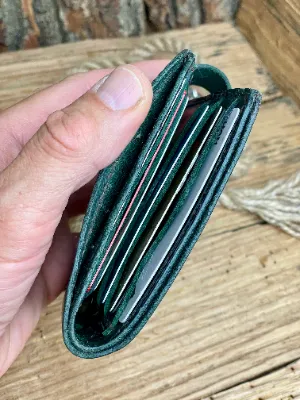 Handmade Green Leather Biker Wallet, Skull Engraved, Rocker Style, Brass Rivets, Gothic Gift for Men — photo 2