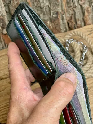 Handmade Green Leather Biker Wallet, Skull Engraved, Rocker Style, Brass Rivets, Gothic Gift for Men — photo 3