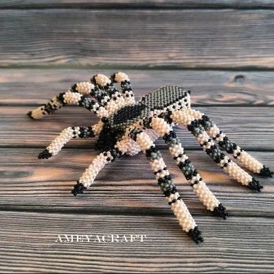 Handmade Seed Bead Spider Figurine, Gothic Black White Gray Sculpture, Halloween Collectible Bead Ar