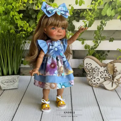 Dumpling Meadow Doll Summer Outfit – Handmade Dress, Headband, Leather Sandals — photo 6