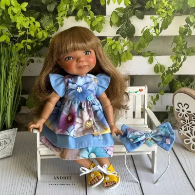 Dumpling Meadow Doll Summer Outfit – Handmade Dress, Headband, Leather Sandals — photo 3