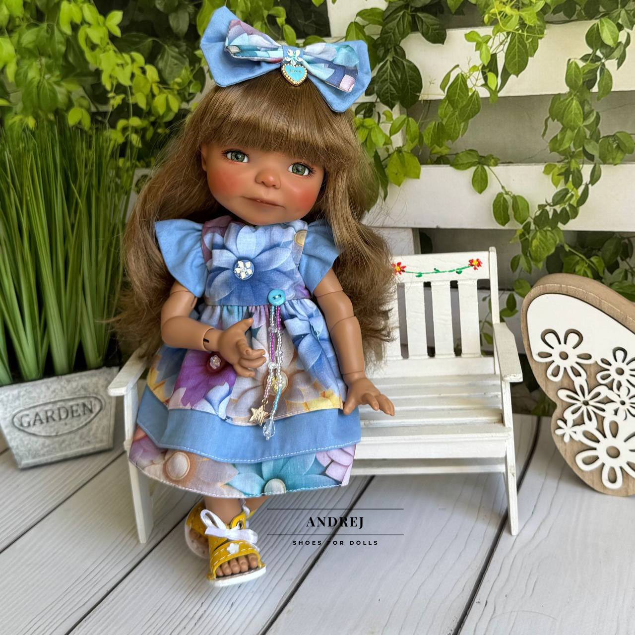 Dumpling Meadow Doll Summer Outfit – Handmade Dress, Headband, Leather Sandals — photo 1