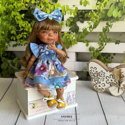 Dumpling Meadow Doll Summer Outfit – Handmade Dress, Headband, Leather Sandals — photo 5