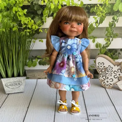 Dumpling Meadow Doll Summer Outfit – Handmade Dress, Headband, Leather Sandals — photo 9