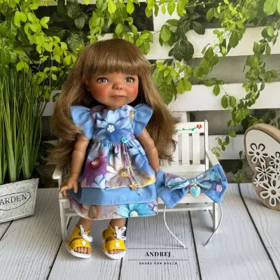 Dumpling Meadow Doll Summer Outfit – Handmade Dress, Headband, Leather Sandals — photo 2