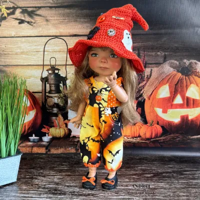 Halloween Doll Outfit for Dumpling Meadow Dolls, Cotton Witch Hat & Romper — photo 4