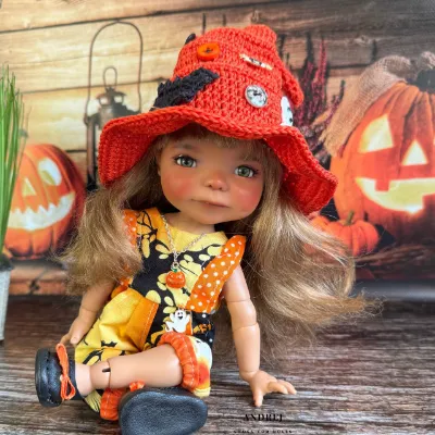 Halloween Doll Outfit for Dumpling Meadow Dolls, Cotton Witch Hat & Romper — photo 2