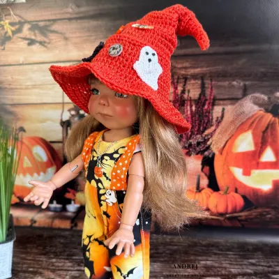 Halloween Doll Outfit for Dumpling Meadow Dolls, Cotton Witch Hat & Romper — photo 3