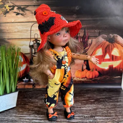 Halloween Doll Outfit for Dumpling Meadow Dolls, Cotton Witch Hat & Romper
